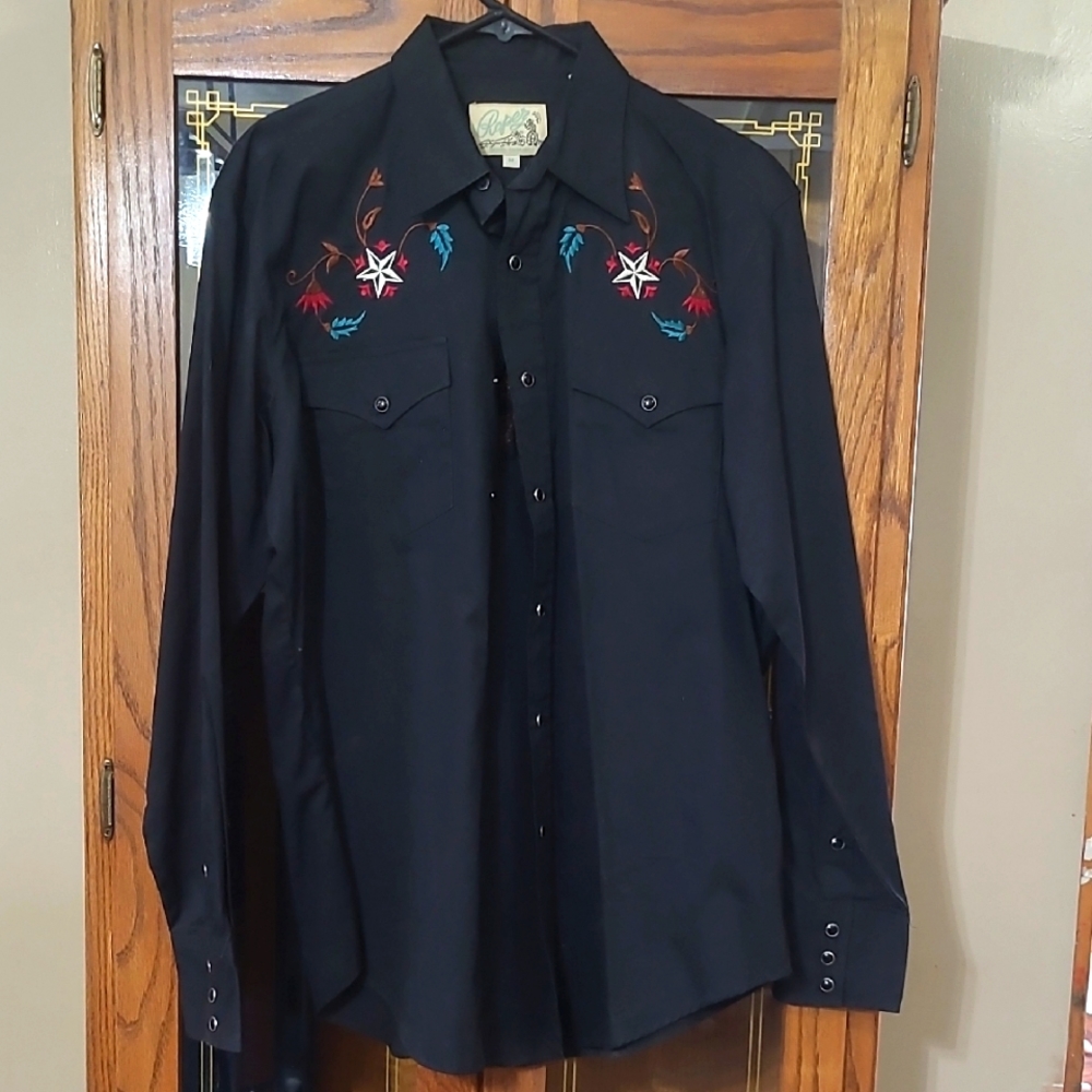 Mens Roper Black Embroidered Pearl Snap Shirt